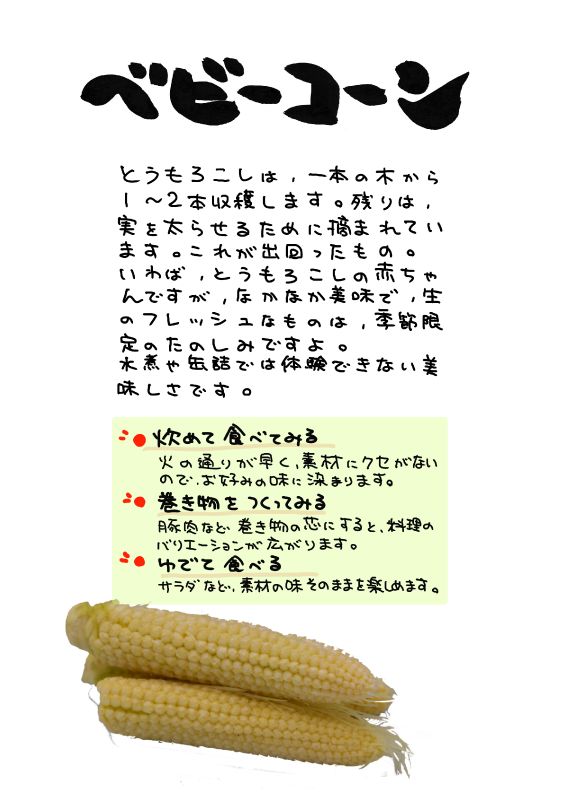 ベビーコーン　ヤングコーン｜心にチクっとささるワードで作る「ちくわPOP（ちくわぽっぷ）」｜農産物直売所やスーパーの青果売り場の活性化に！農に特化したPOPが無料!!