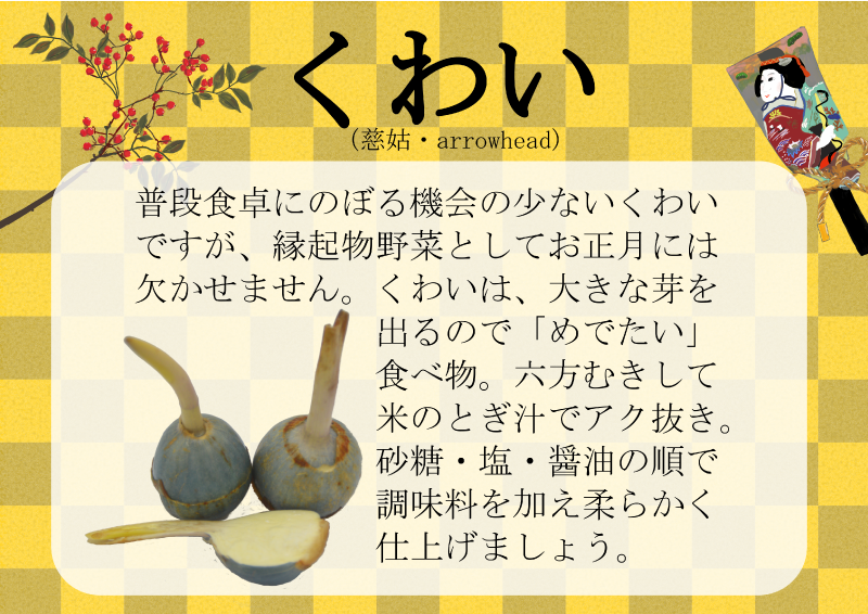 おせち　くわい　慈姑｜心にチクっとささるワードで作る「ちくわPOP（ちくわぽっぷ）」｜農産物直売所やスーパーの青果売り場の活性化に！農に特化したPOPが無料!!