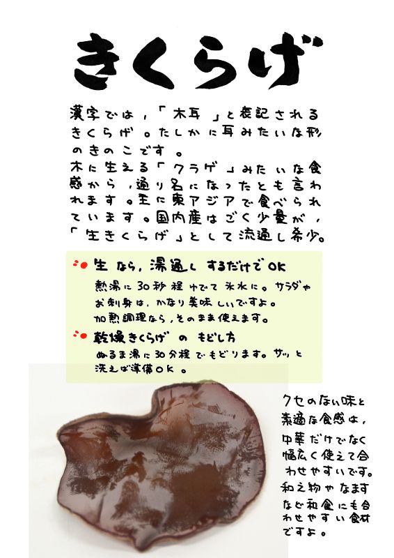 きくらげ　木耳｜心にチクっとささるワードで作る「ちくわPOP（ちくわぽっぷ）」｜農産物直売所やスーパーの青果売り場の活性化に！農に特化したPOPが無料!!