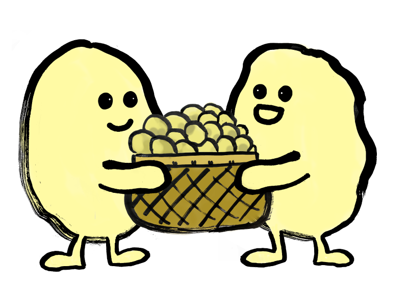 カゴいっぱいのジャガイモを持ち上げるじゃがいも２人｜心にチクっとささるワードで作る「ちくわPOP（ちくわぽっぷ）」｜農産物直売所やスーパーの青果売り場の活性化に！農に特化したPOPが無料!!