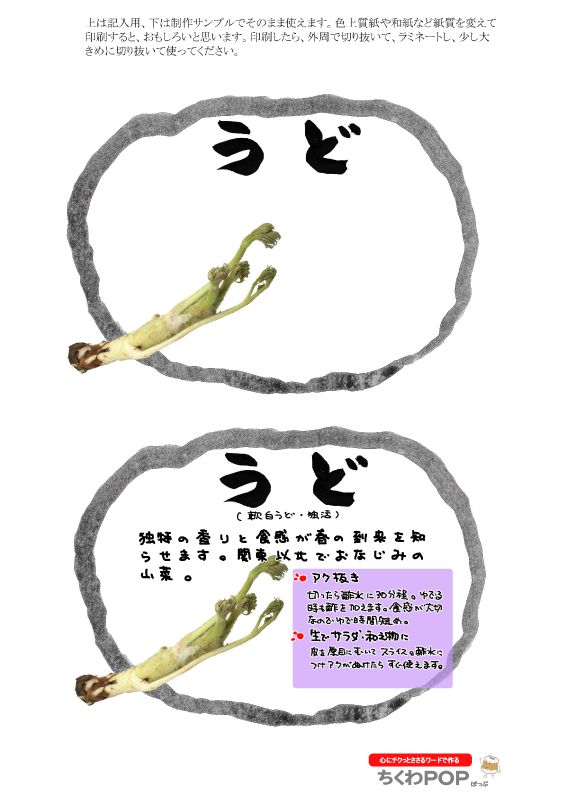うど　楕円枠｜心にチクっとささるワードで作る「ちくわPOP（ちくわぽっぷ）」｜農産物直売所やスーパーの青果売り場の活性化に！農に特化したPOPが無料!!