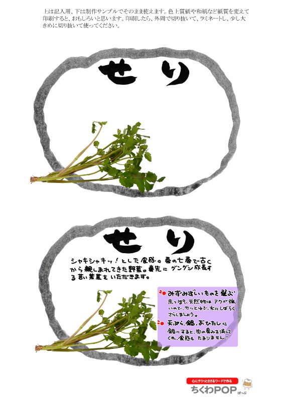せり　楕円枠｜心にチクっとささるワードで作る「ちくわPOP（ちくわぽっぷ）」｜農産物直売所やスーパーの青果売り場の活性化に！農に特化したPOPが無料!!